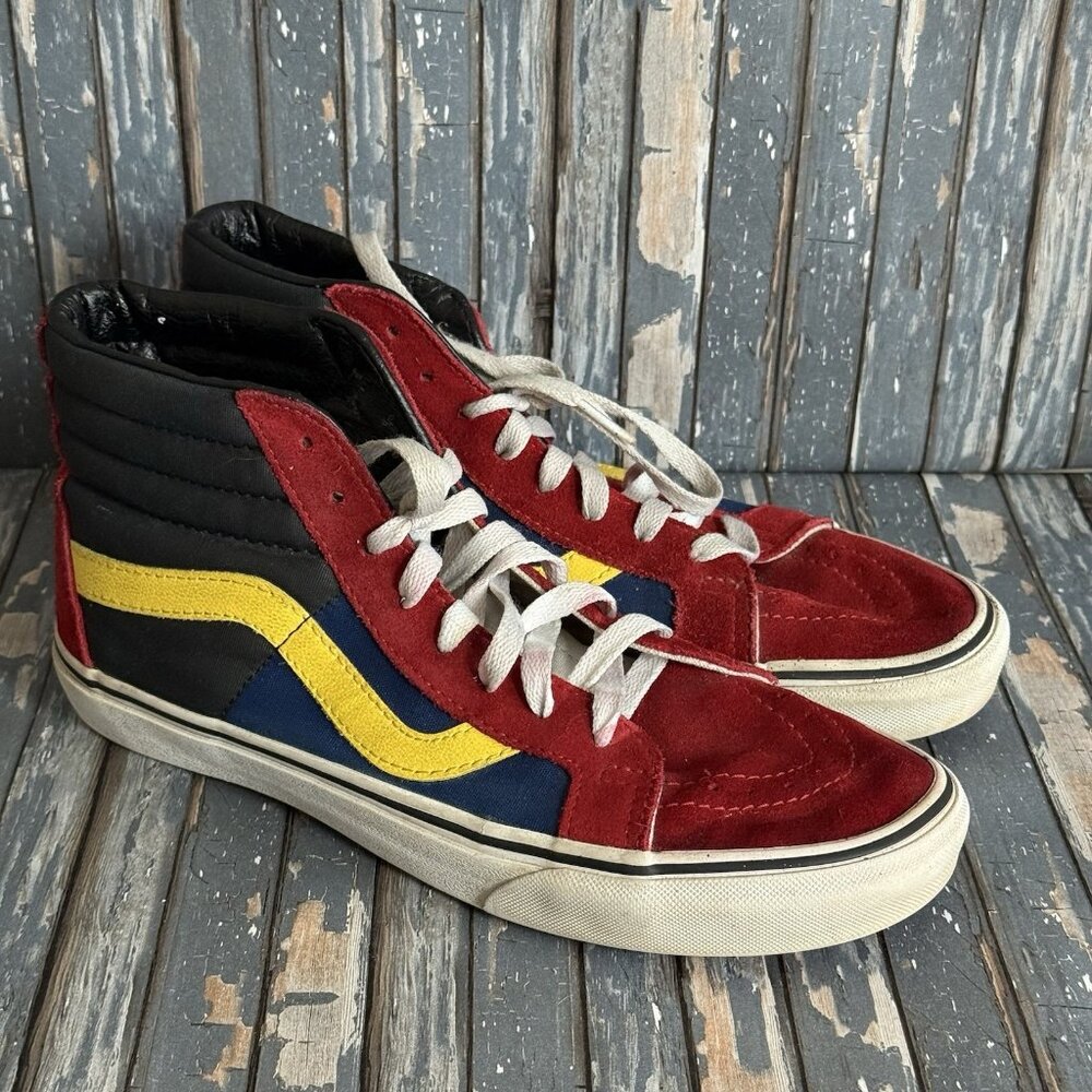 VANS Red Suede Multi Color High Top Off Wall Skateboard Shoes Mens 8 Womens 9.5